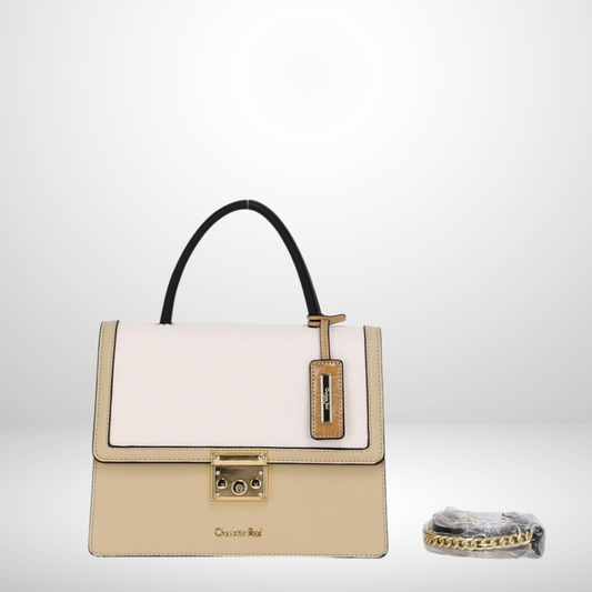 Beige Top Handle Monogram Printed Satchel Tote