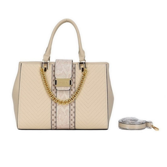 Beige Textured Satchel Tote Bag with Chain Ornament