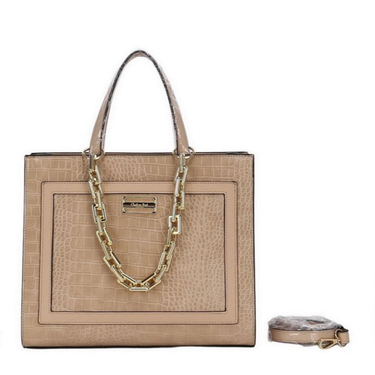 Beige Textured Satchel Tote Bag with Chain Accent