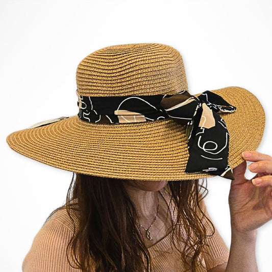 Printed Ribbon Wide Brim Straw Hat