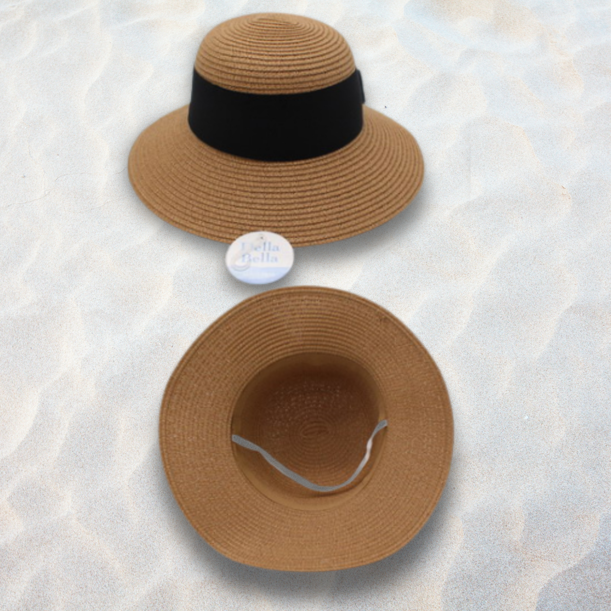 Natural straw sun hat with black ribbon