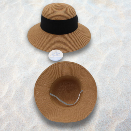 Natural straw sun hat with black ribbon
