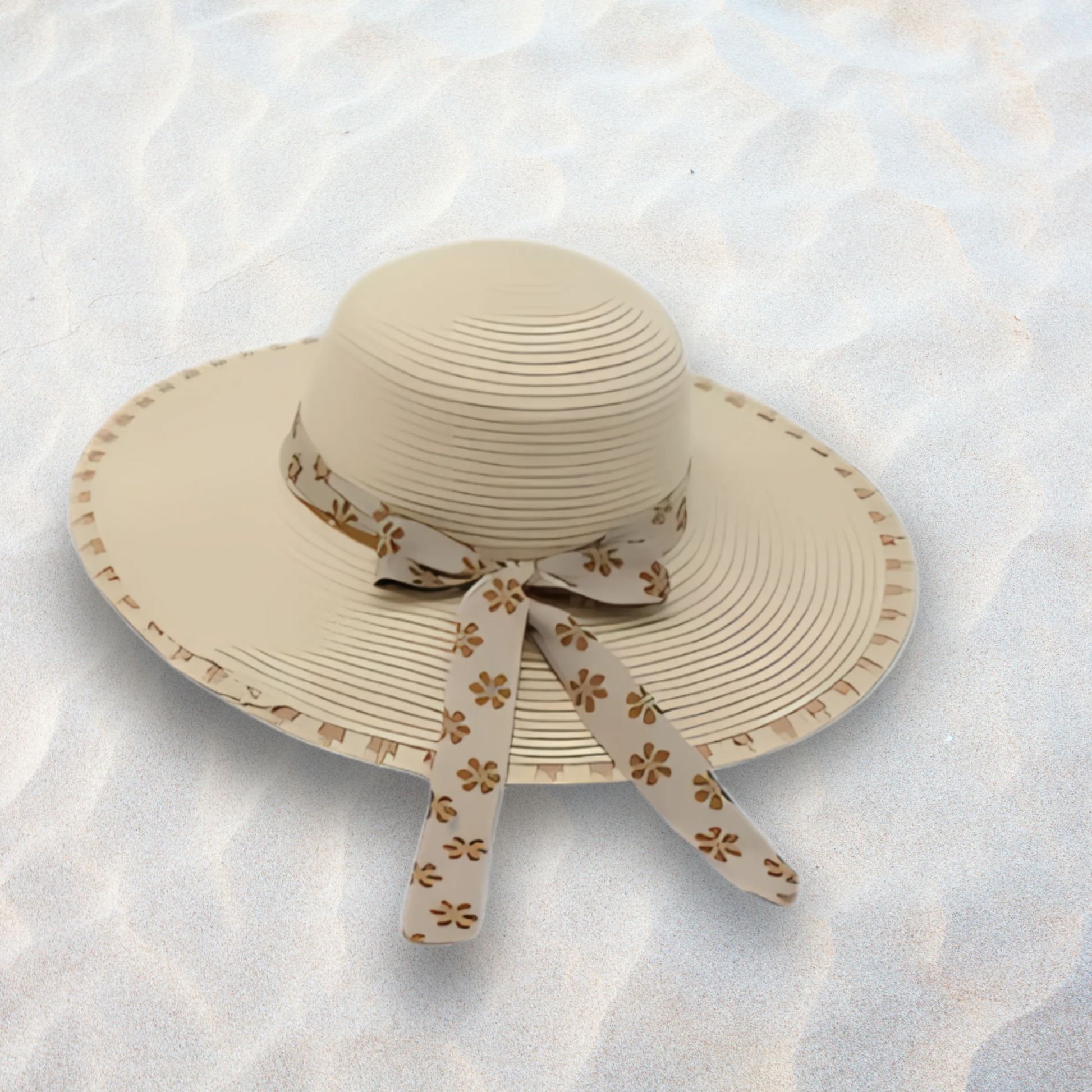 Beige sun hat with a decorative ribbon on a light marble background