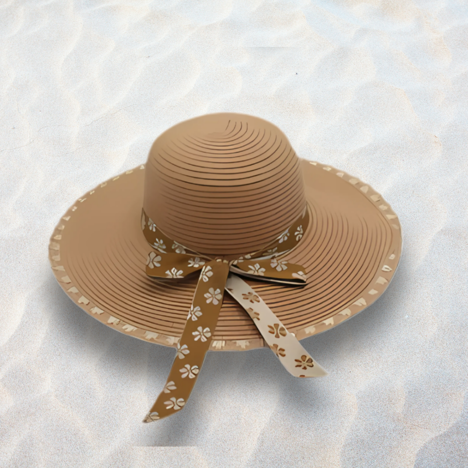 Brown straw hat with a decorative ribbon on a textured white background