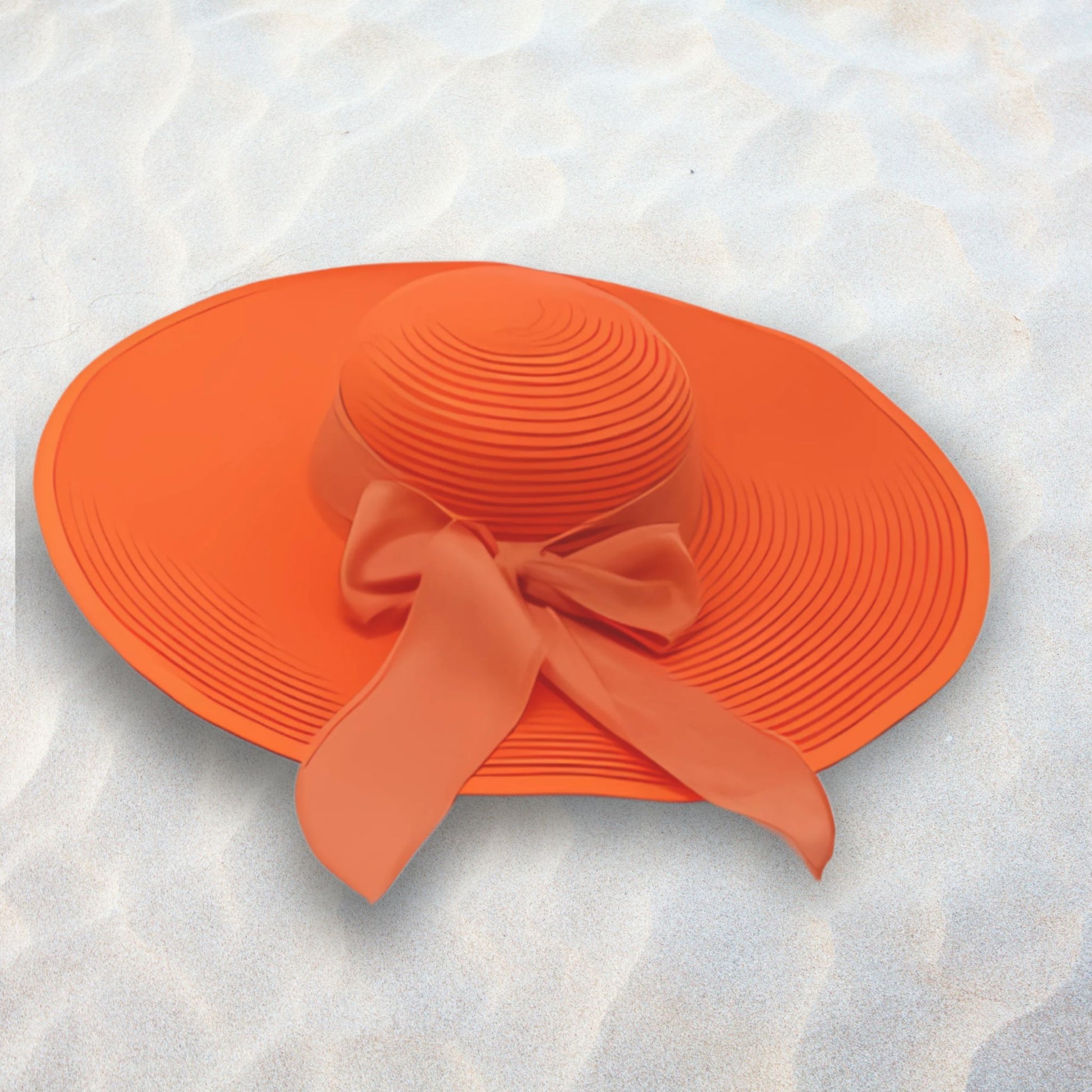 Orange sun hat with a bow on a textured white background
