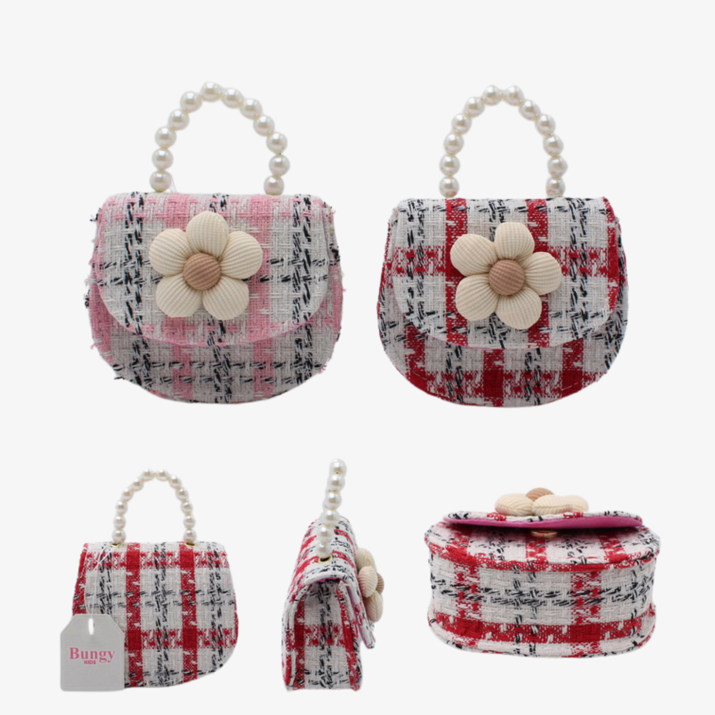 Girls Tweed Mini Crossbody Bag with Flower and Pearl Handle