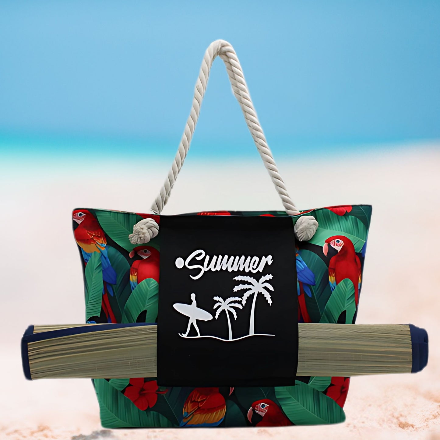 Black Summer Beach Tote Bag with Towel or Mat Holder