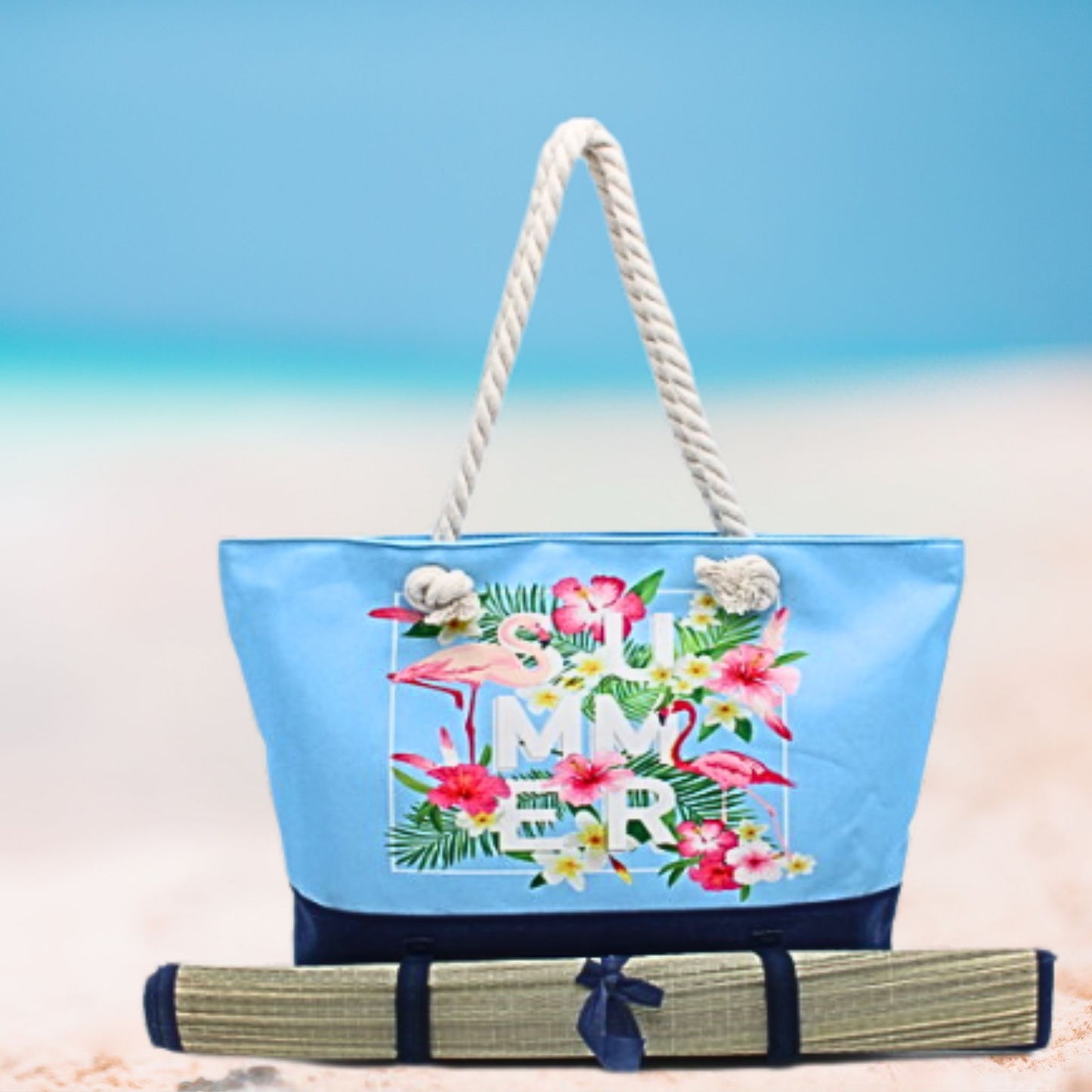 Summer Beach Bag with Velcro Towel Mat Holder