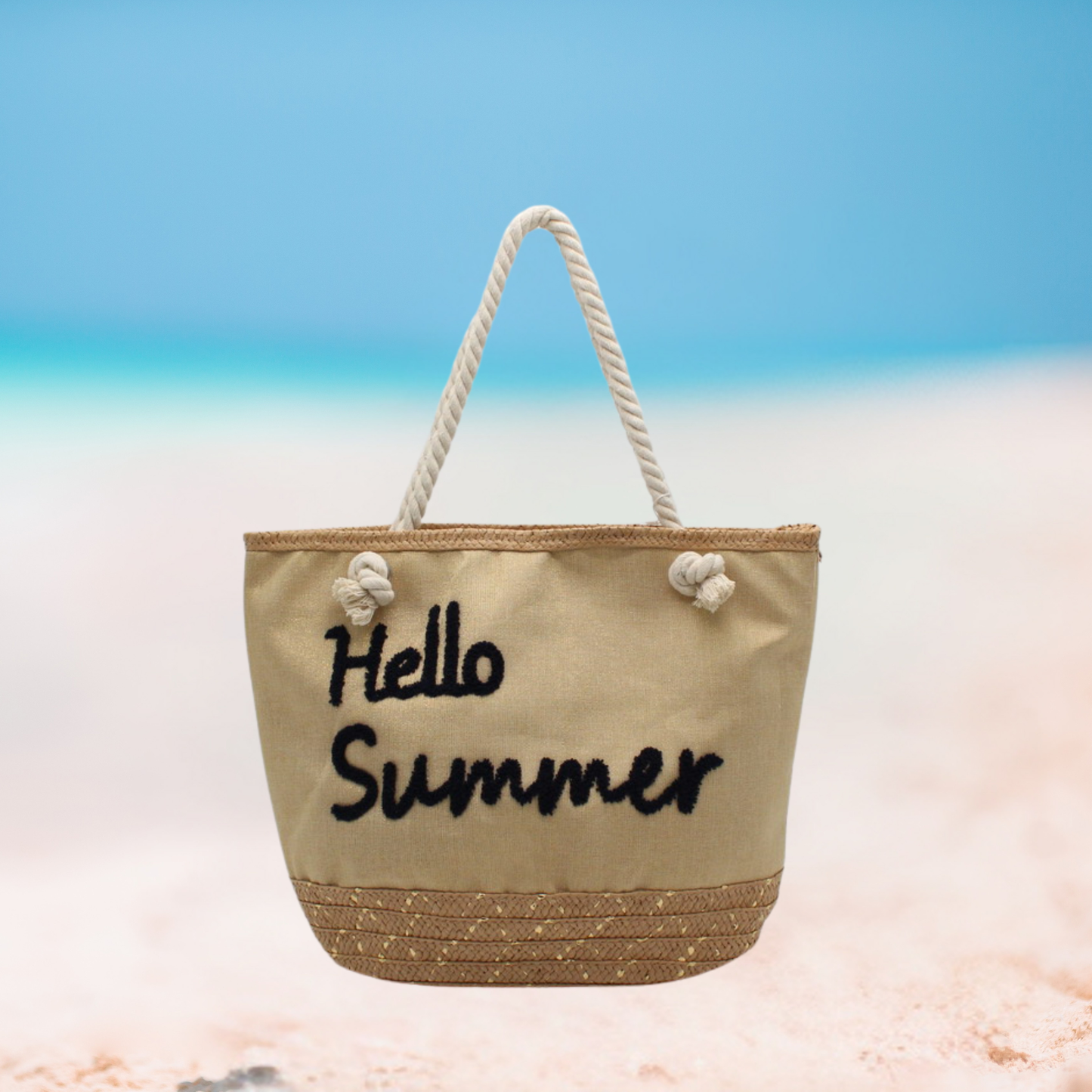 Hello Summer Straw Base Tote Beach Bag