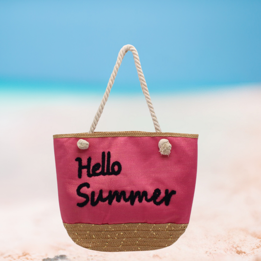 Hello Summer Straw Base Tote Beach Bag