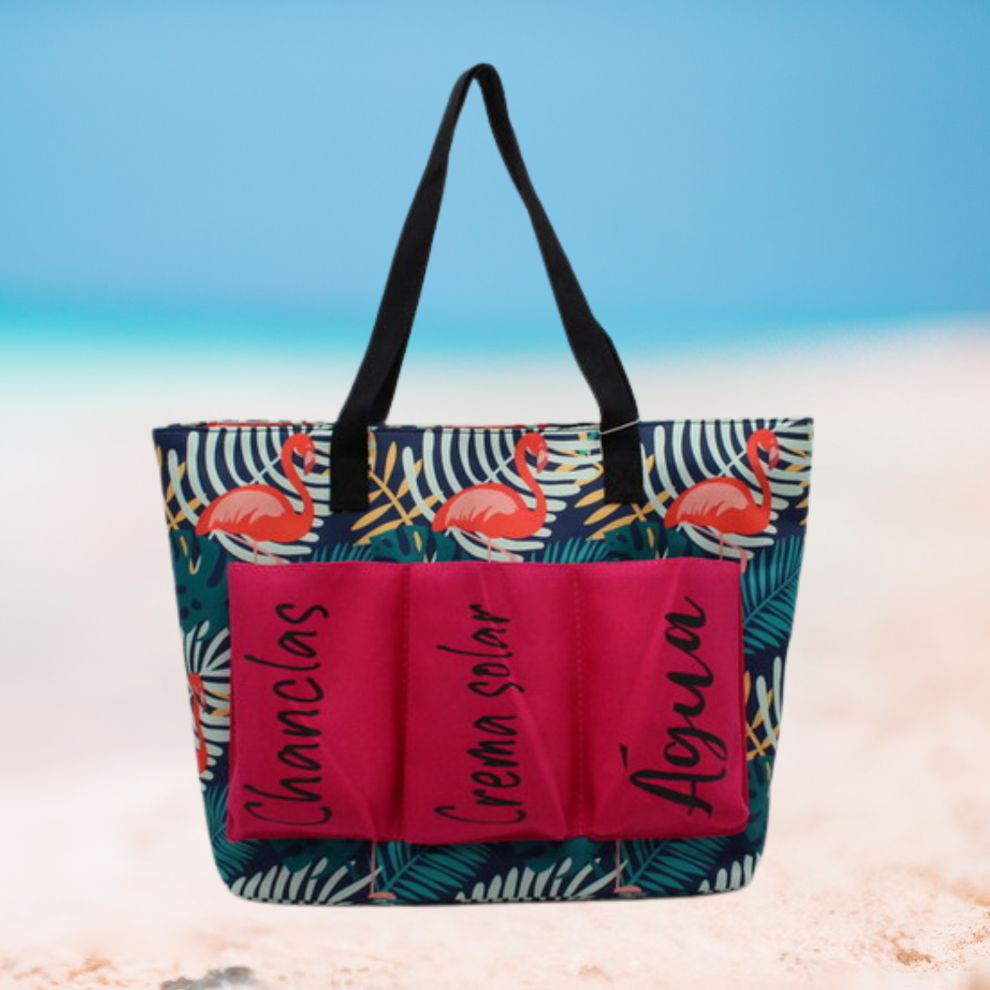 Large Flamingo Print Beach Tote Bag with Outside Pockets