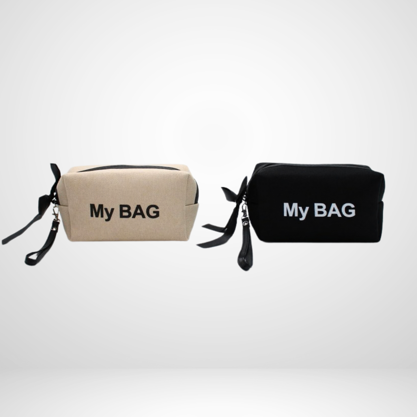 Stylish smart cosmetic bag with tonal zipper and wrist strap. Compact, travel‑friendly design keeps essentials secure. Available in beige and black.
