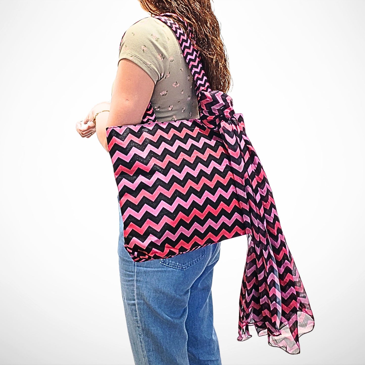 Pink Multi Chevron Print Tote with Scarf