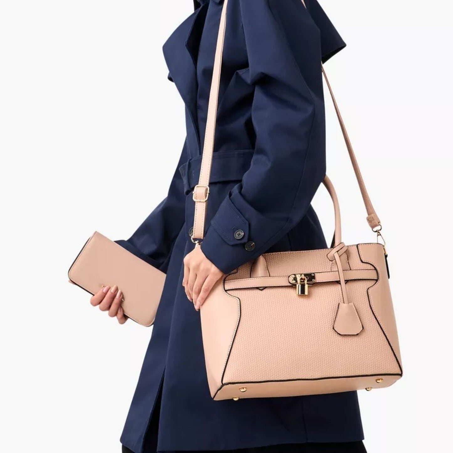 Nude Pink 3 piece Tote Bag Set with Crossbody Bag and Wallet