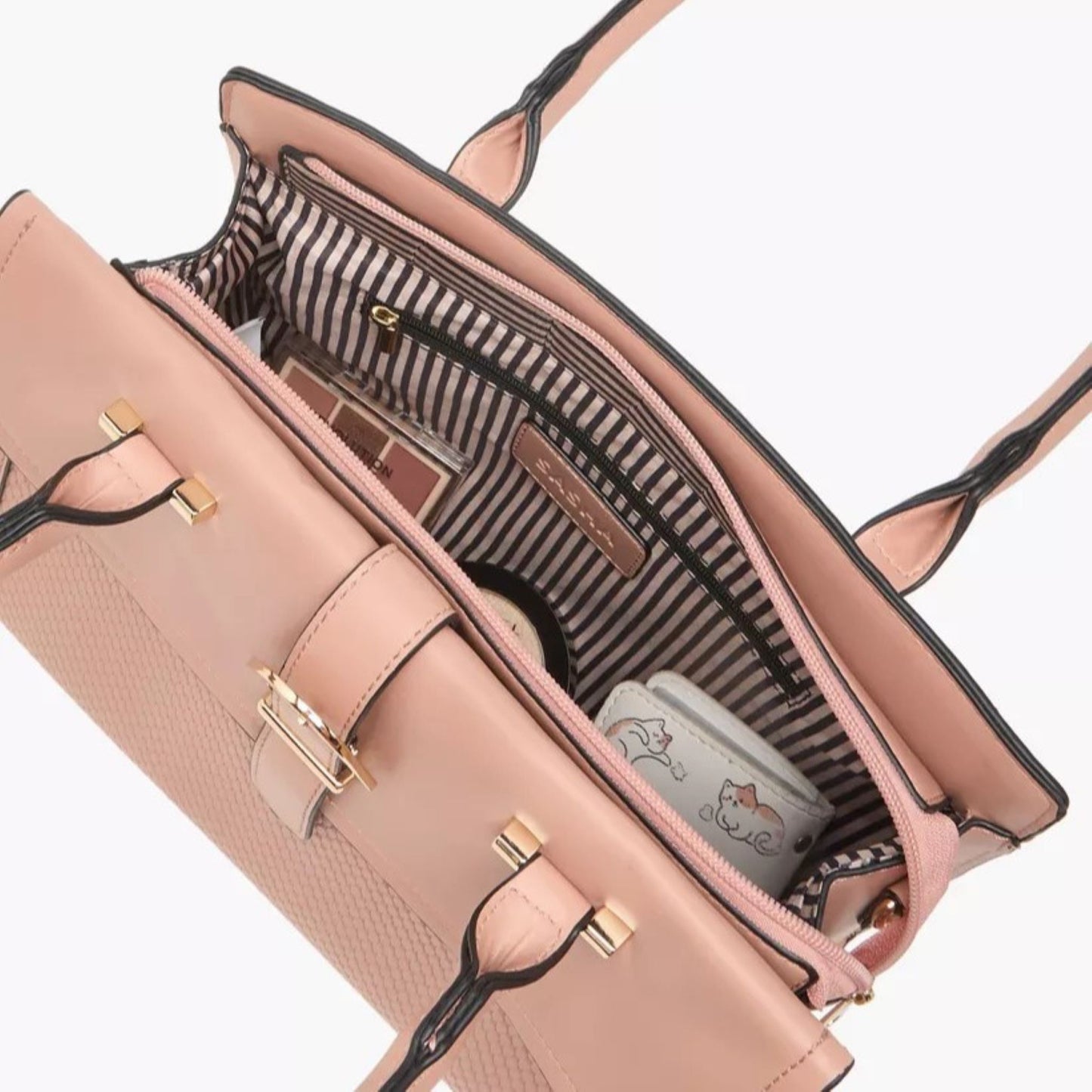Nude Textured Belted Satchel Tote