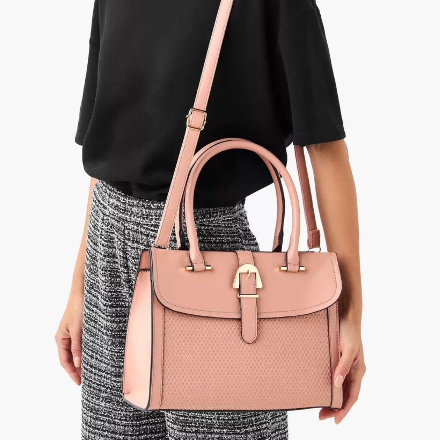 Nude Textured Belted Satchel Tote