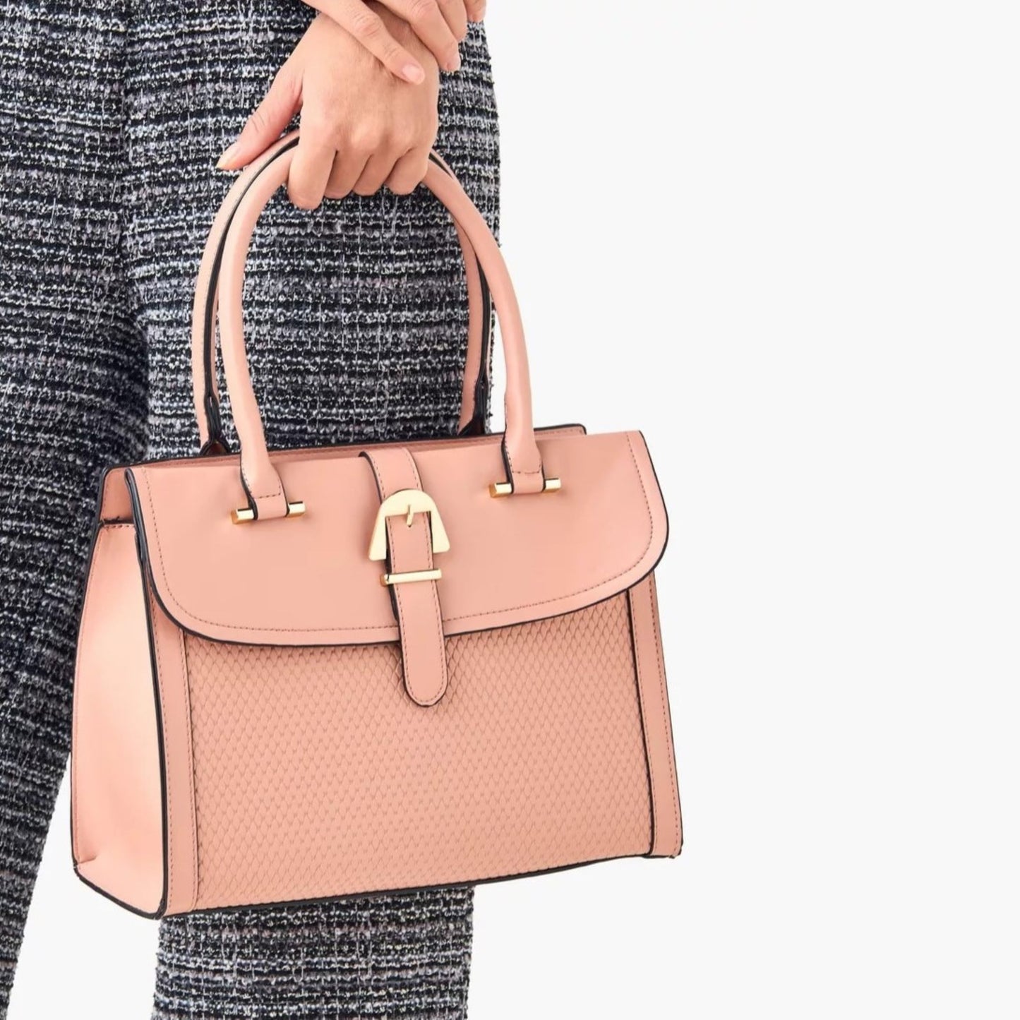 Nude Textured Belted Satchel Tote