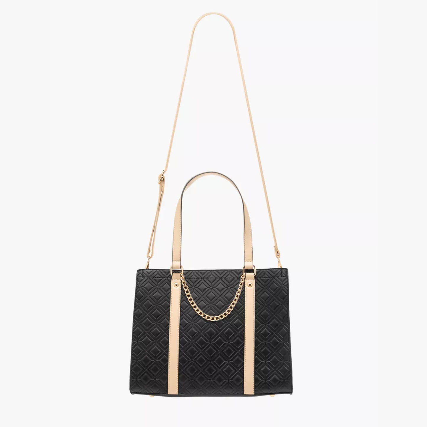Black Diamond Quilted Tote at InStyle Fashion HK – quilted texture, beige straps & gold chain for timeless elegance.