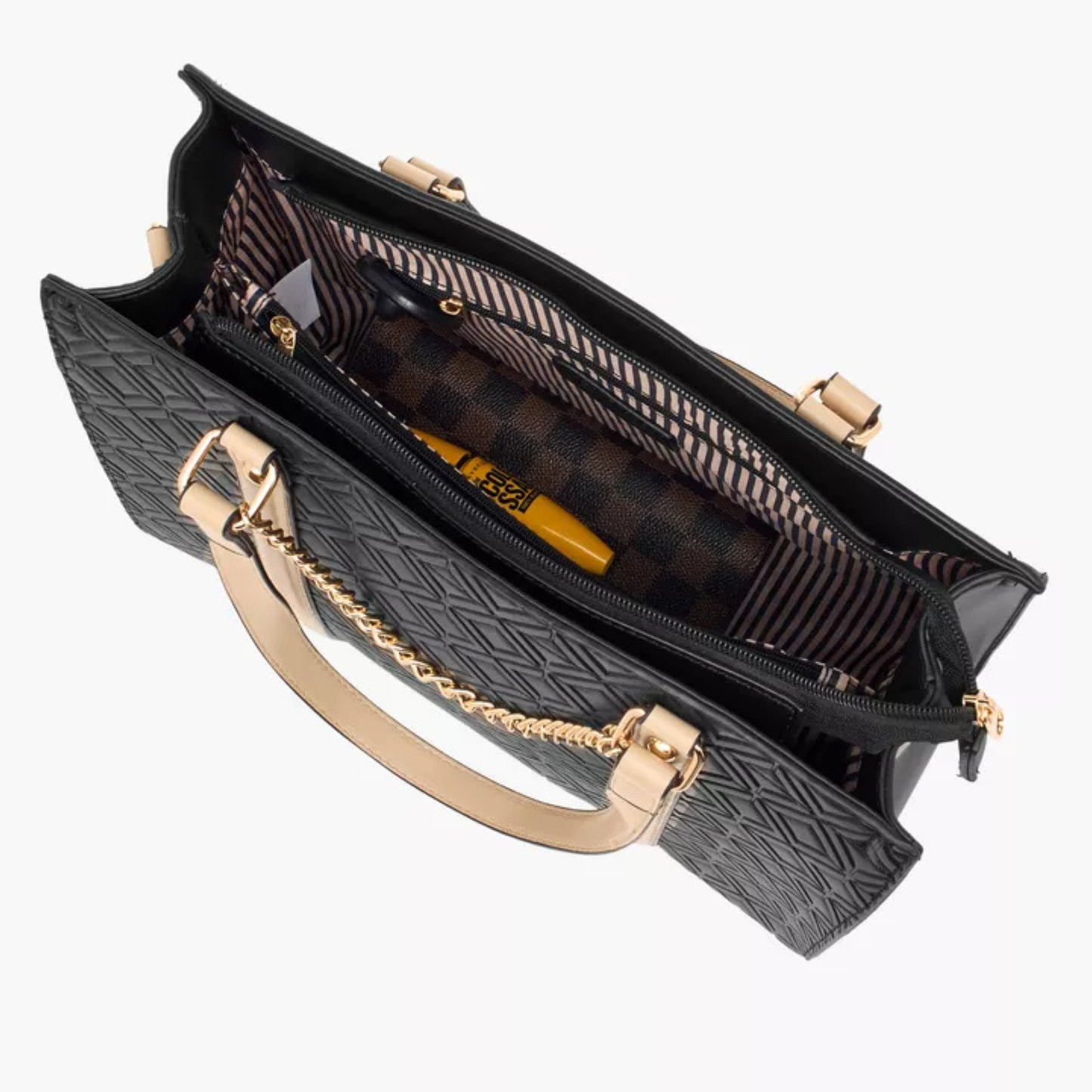 Black Diamond Quilted Tote at InStyle Fashion HK – quilted texture, beige straps & gold chain for timeless elegance.