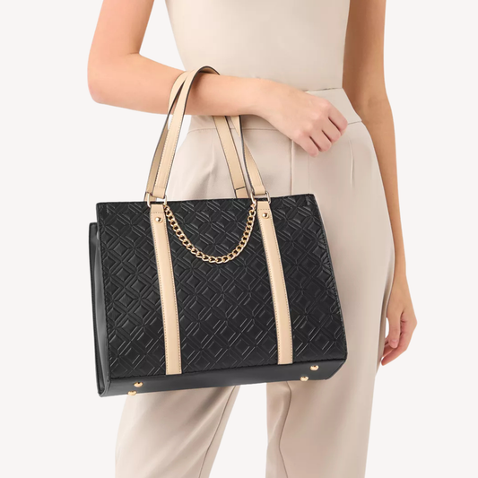 Black Diamond Quilted Tote at InStyle Fashion HK – quilted texture, beige straps & gold chain for timeless elegance.