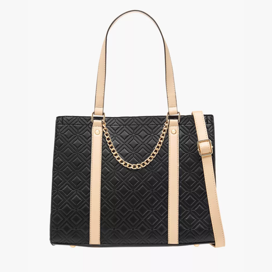 Black Diamond Quilted Tote at InStyle Fashion HK – quilted texture, beige straps & gold chain for timeless elegance.