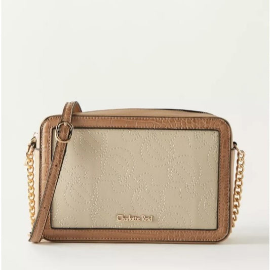 Beige Embroidered Monogram Crossbody Bag with Gold Chain
