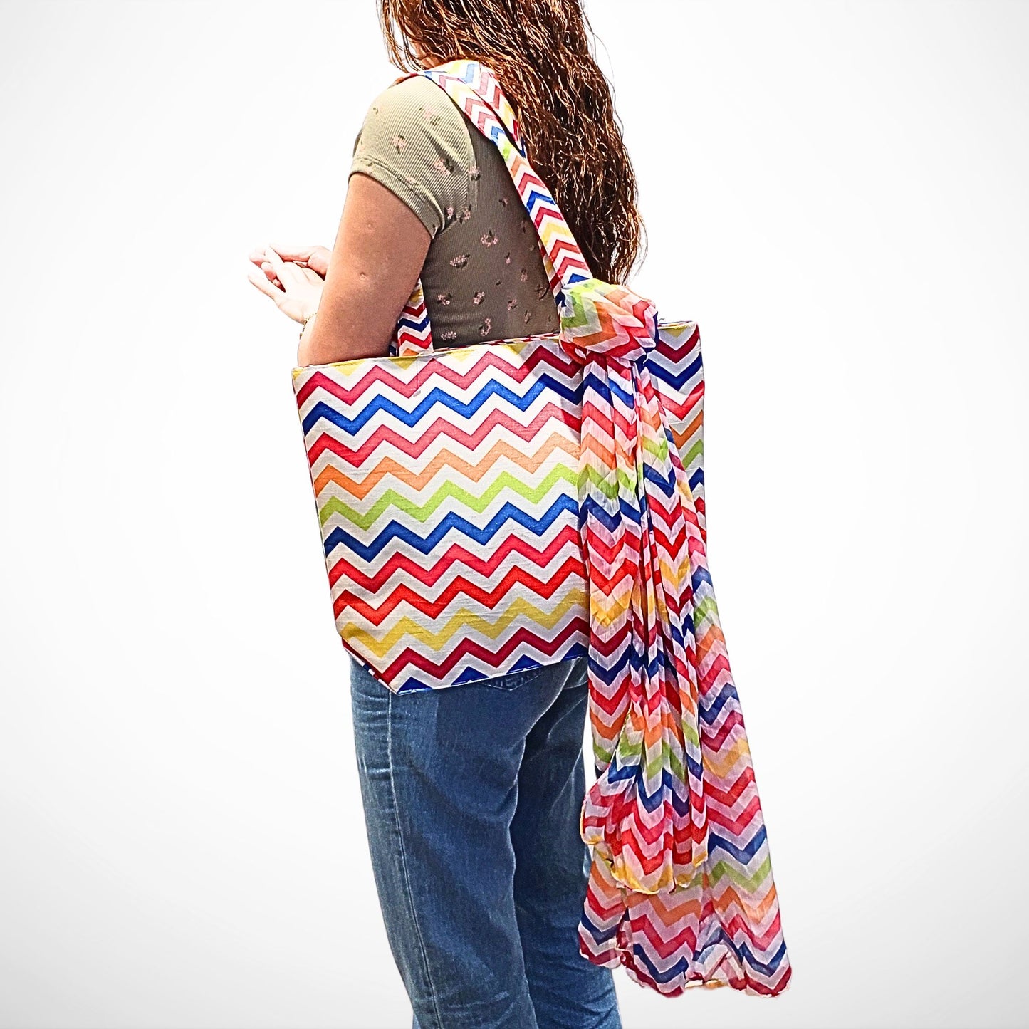 Bright Multicolour Chevron Tote with Scarf
