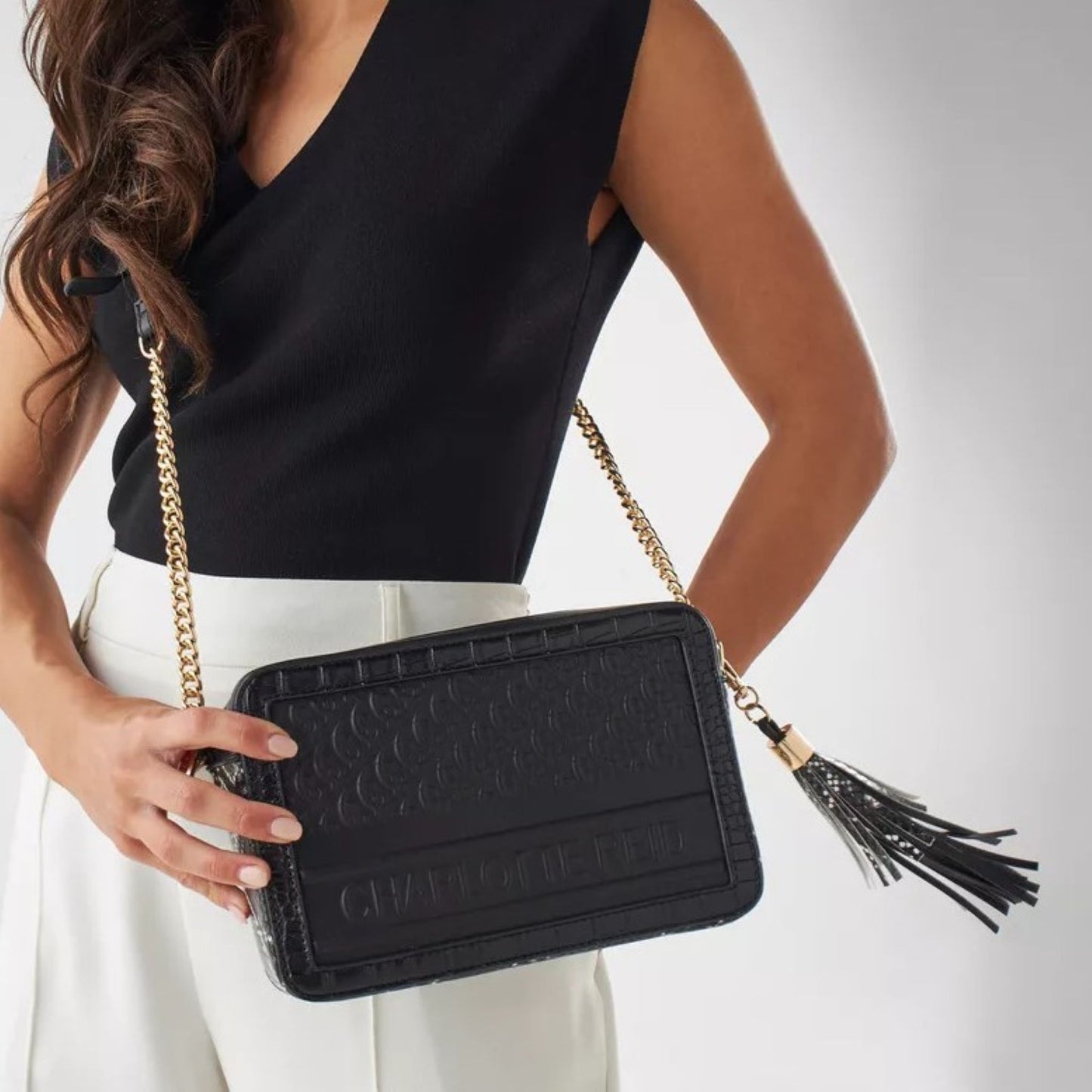 Black Embossed Camera Crossbody with Tassle