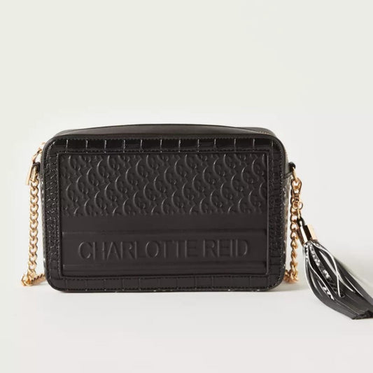 Black Embossed Camera Crossbody with Tassle