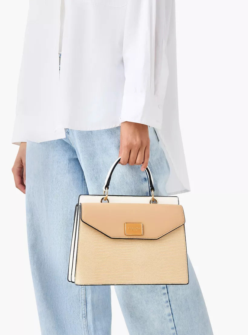 Beige Colourblock Textured Satchel Bag