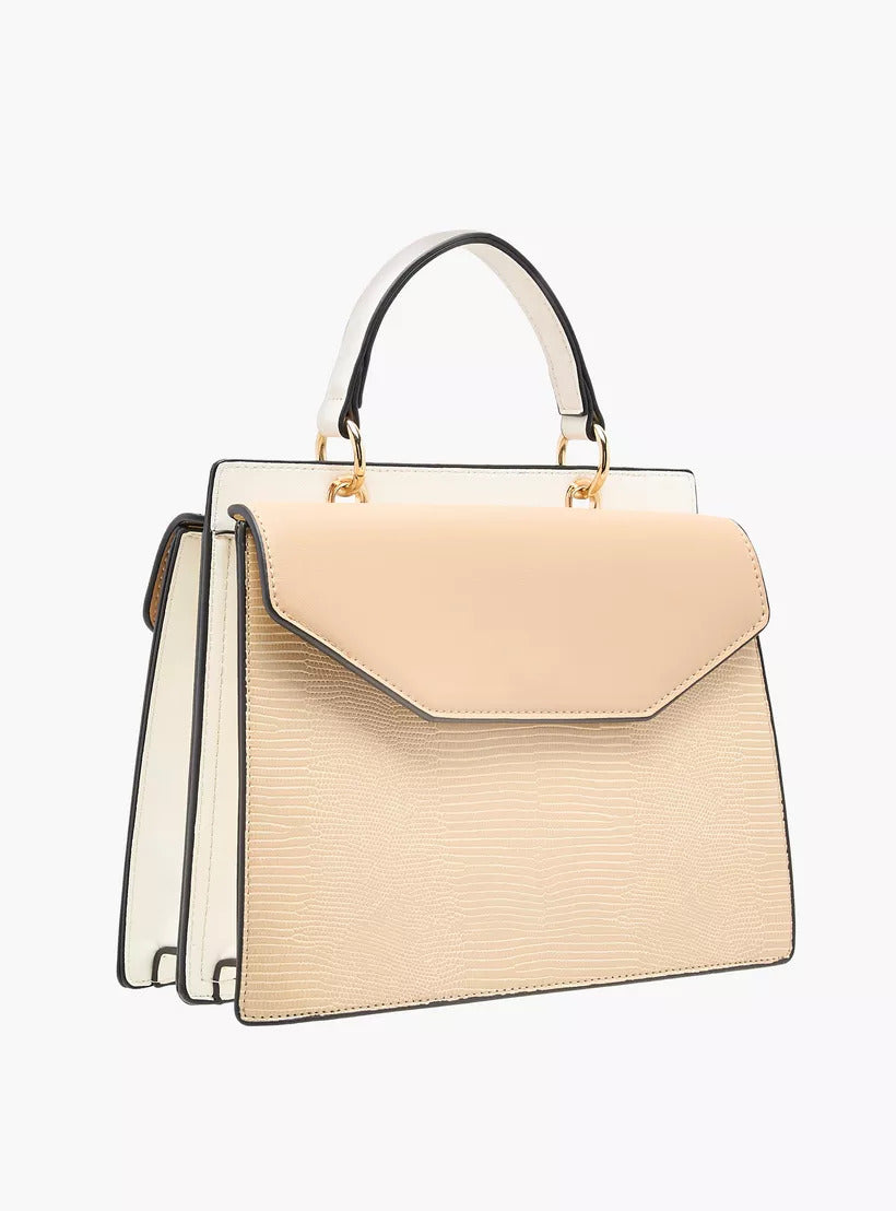 Beige Colourblock Textured Satchel Bag