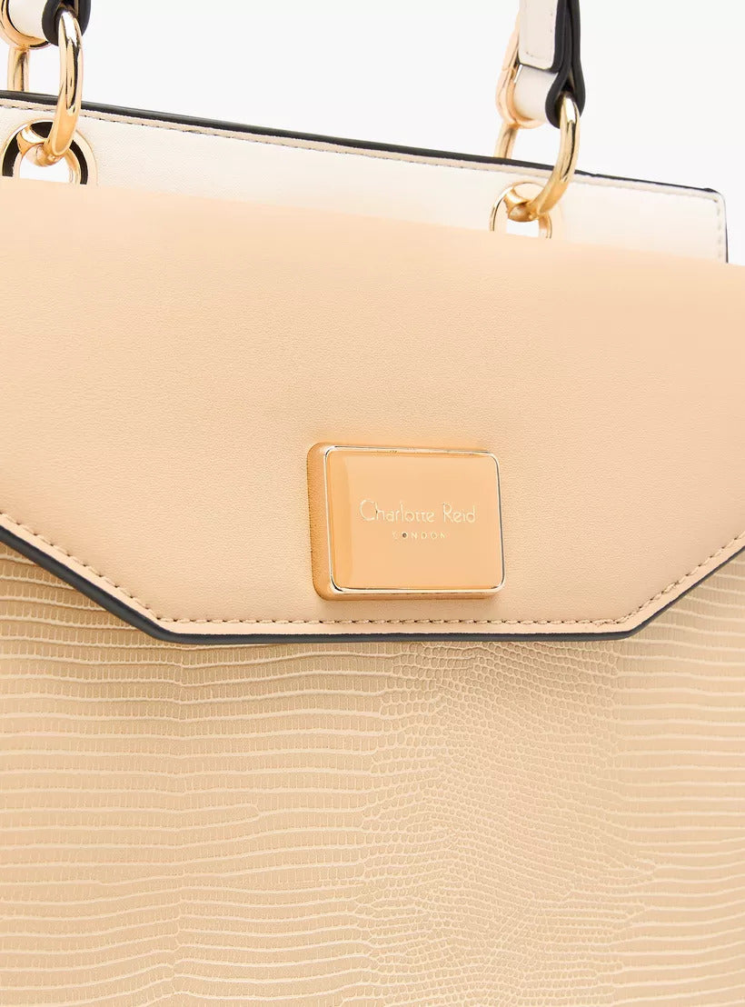 Beige Colourblock Textured Satchel Bag