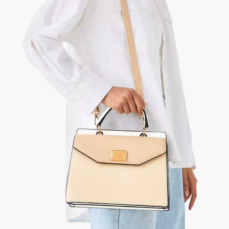 Beige Colourblock Textured Satchel Bag