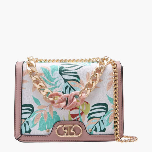 Handbag with floral design and gold chain strap on a white background from InStyle Fashion HK.