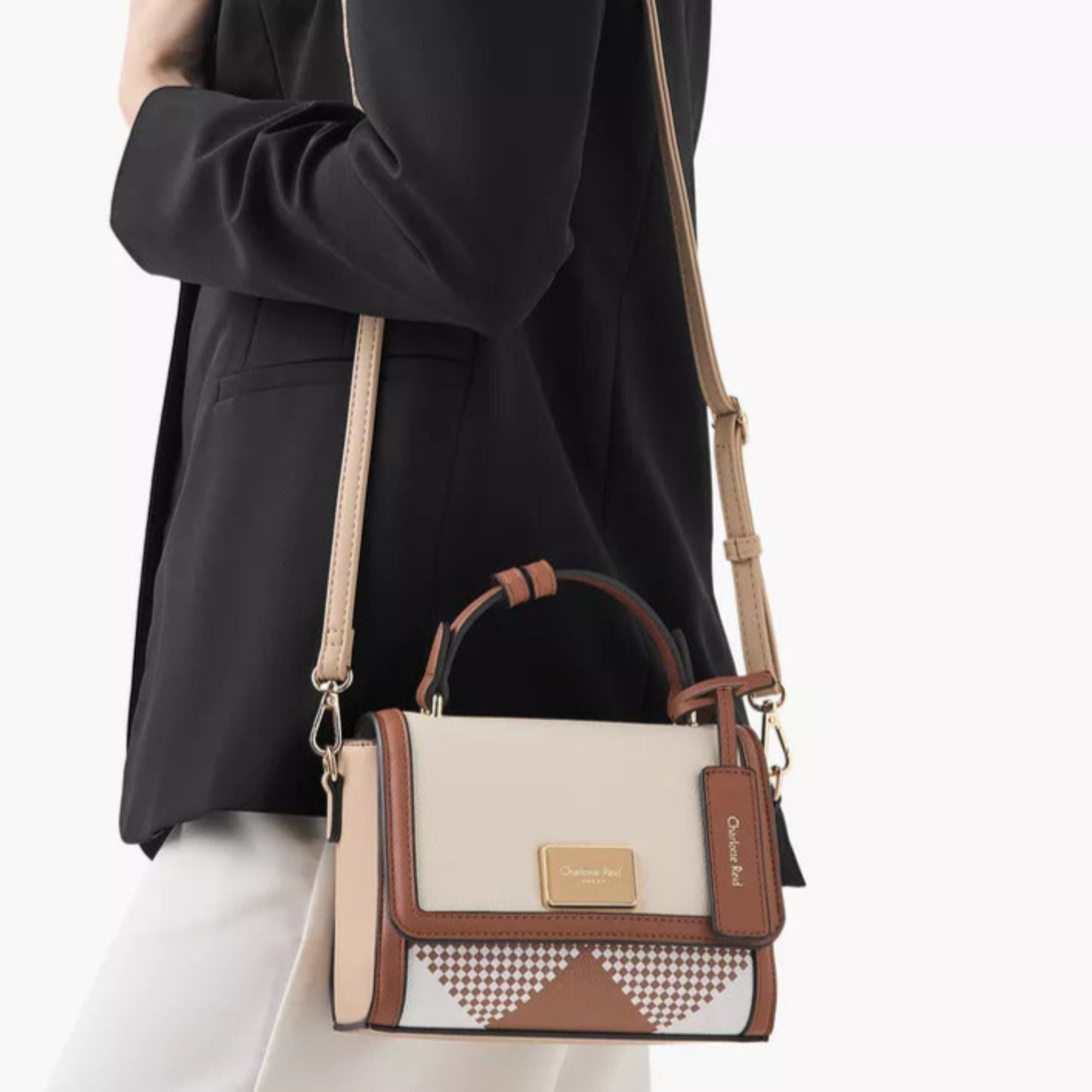 Tan Printed Satchel Bag with Flap Closure
