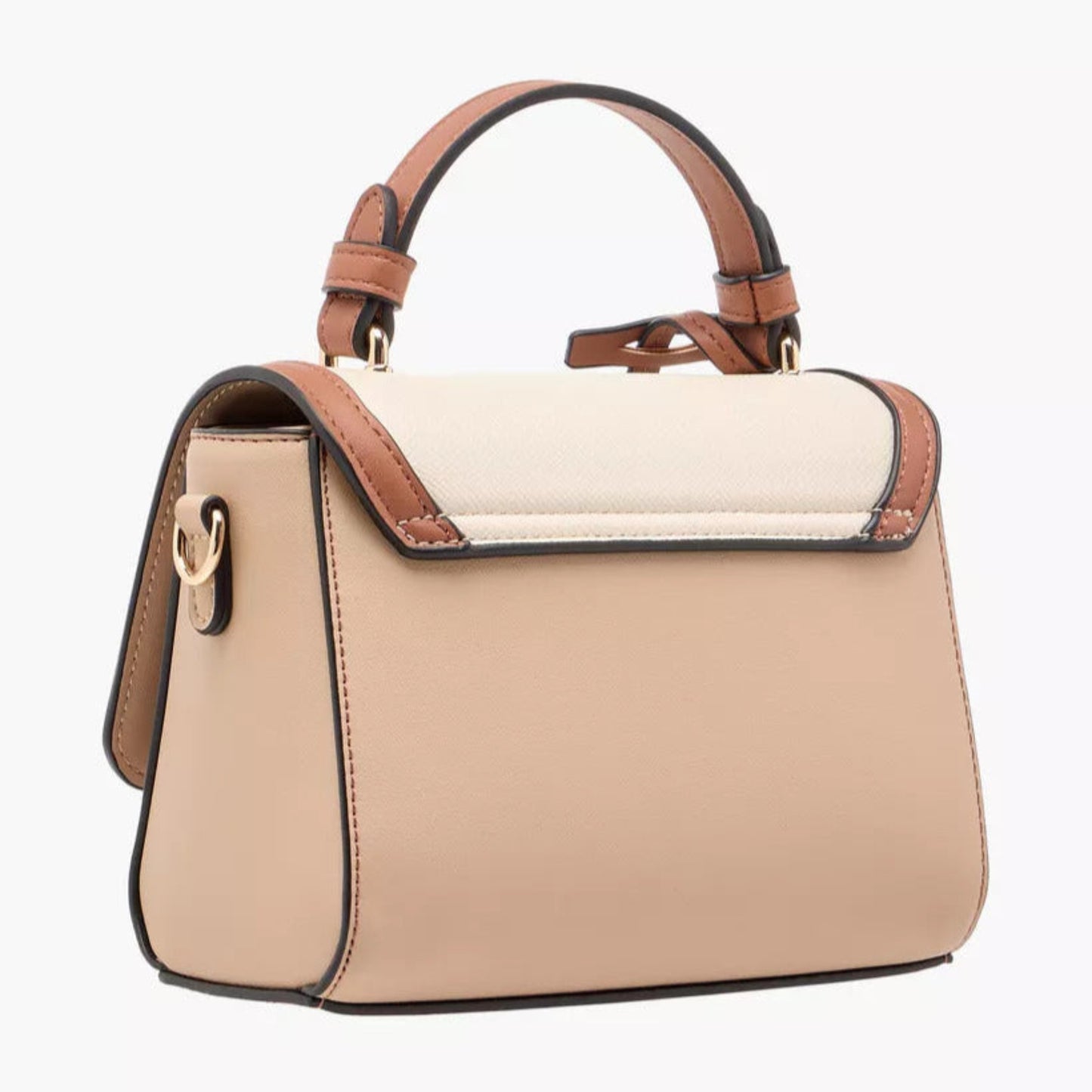 Tan Printed Satchel Bag with Flap Closure