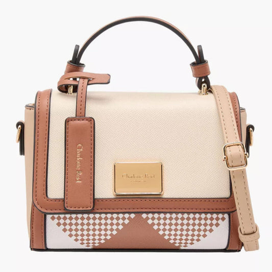 Tan Printed Satchel Bag with Flap Closure