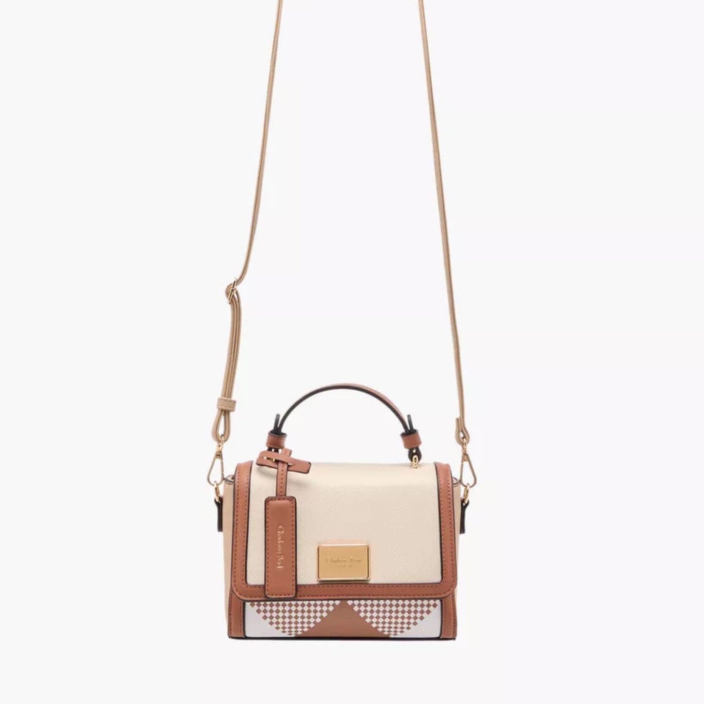 Tan Printed Satchel Bag with Flap Closure