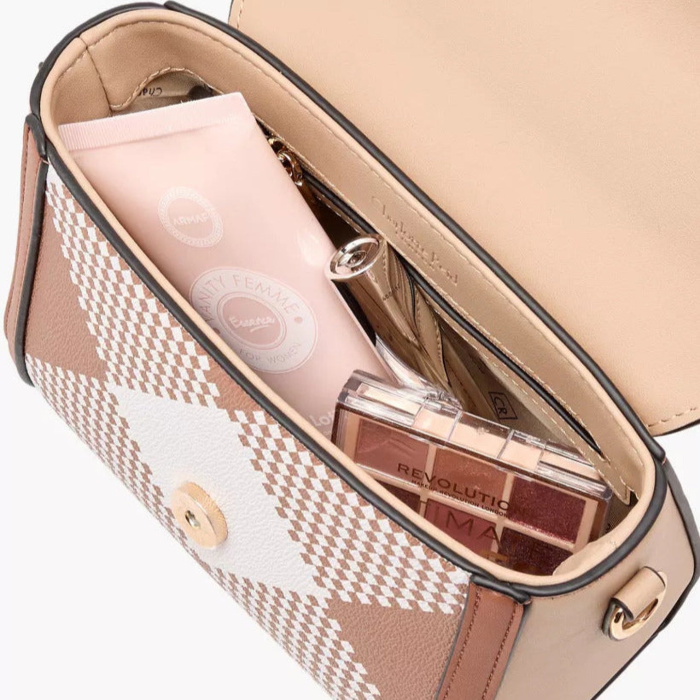 Tan Printed Satchel Bag with Flap Closure