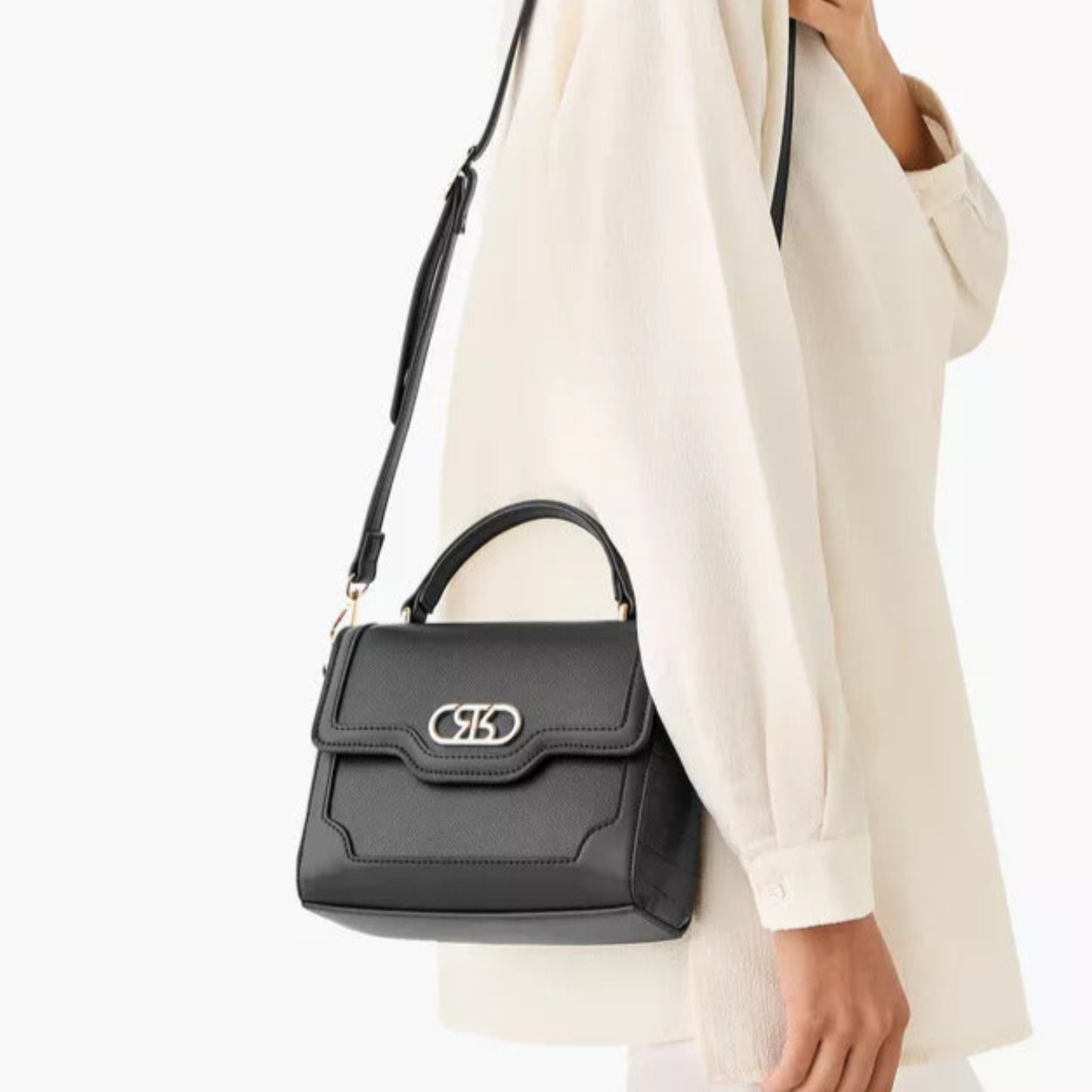 Black Textured Satchel Bag with Detachable Strap