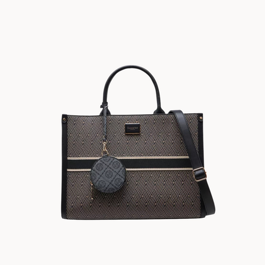 Black Textured Tote Bag with Double Handles and Coin Pouch