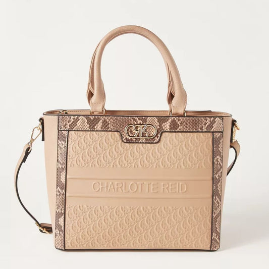 Beige Top Handle Embossed Satchel Tote