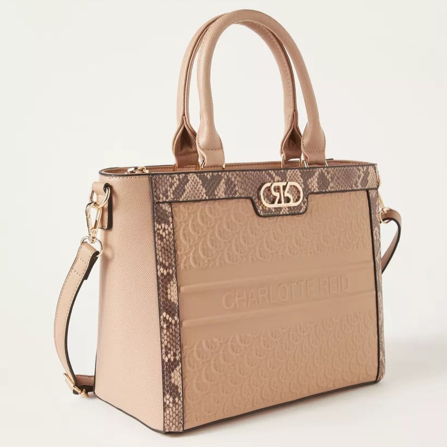 Beige Top Handle Embossed Satchel Tote