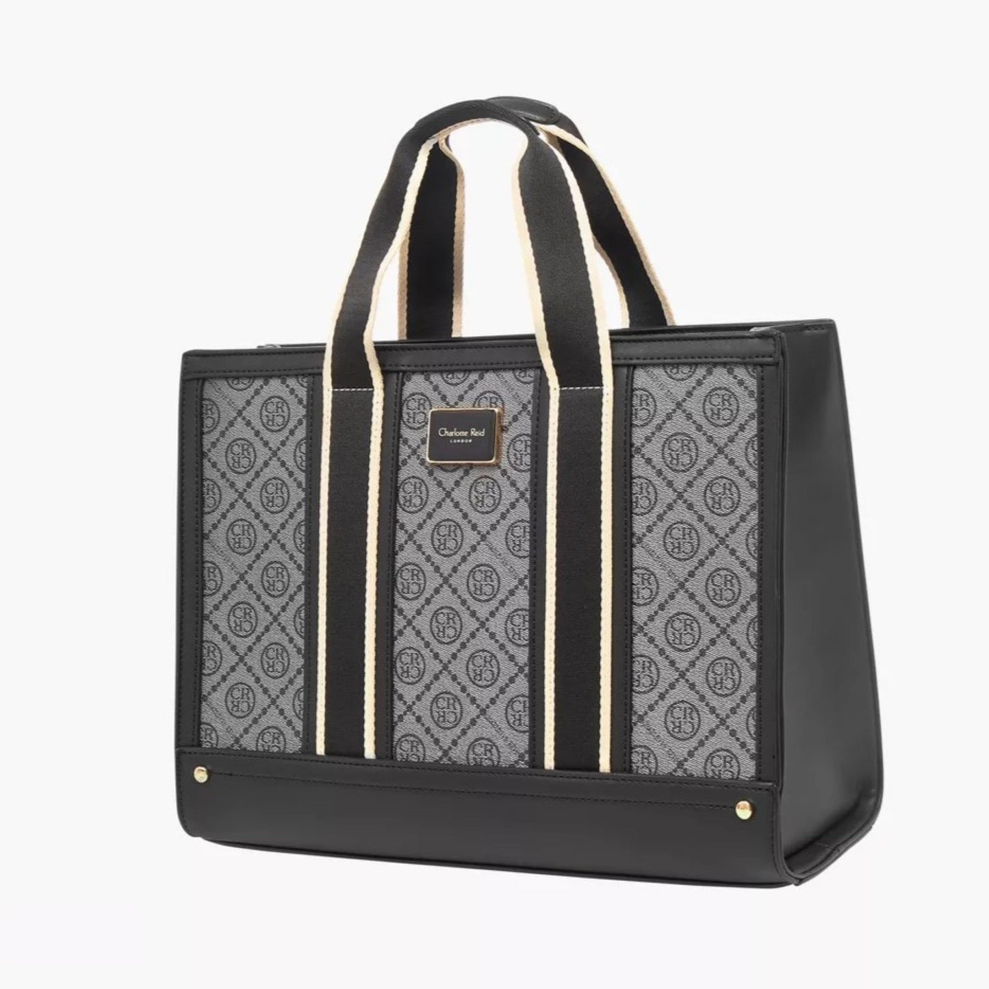 Black Monogram Textured Tote Bag with Zip Closure and Strap