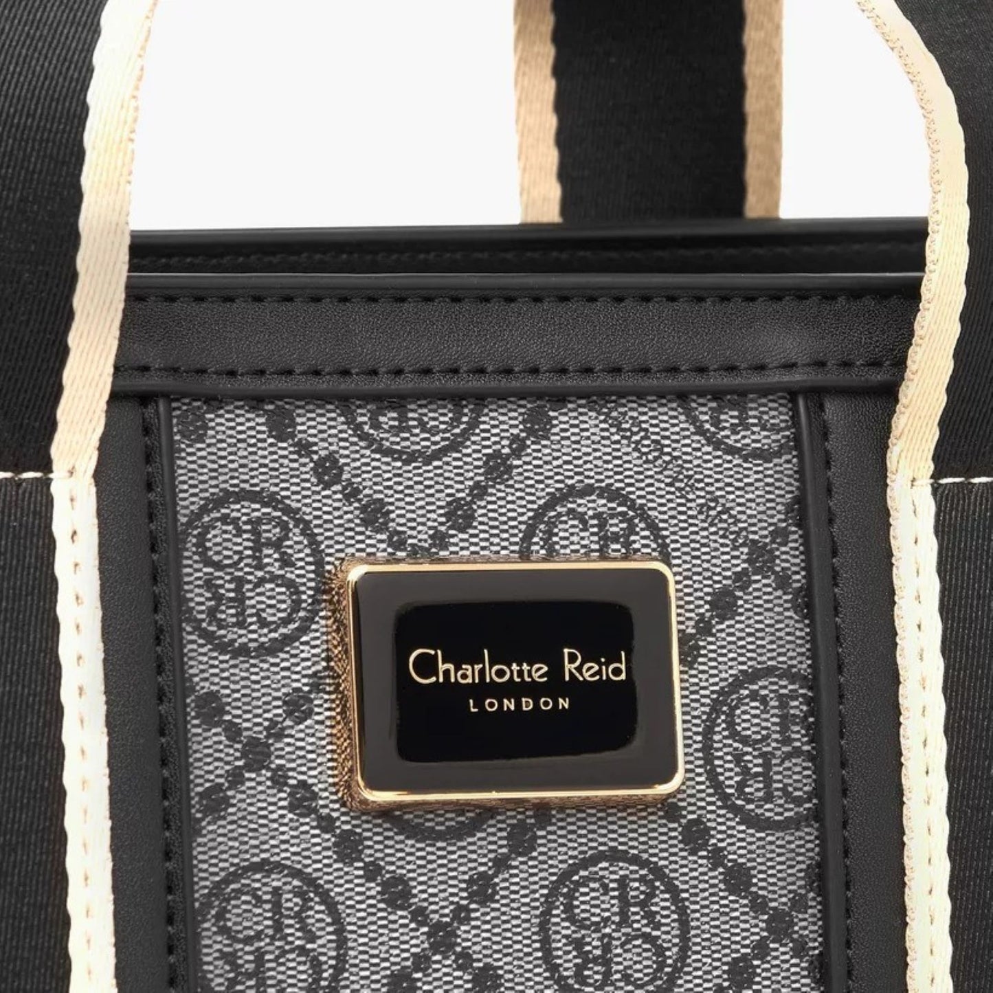 Black Monogram Textured Tote Bag with Zip Closure and Strap