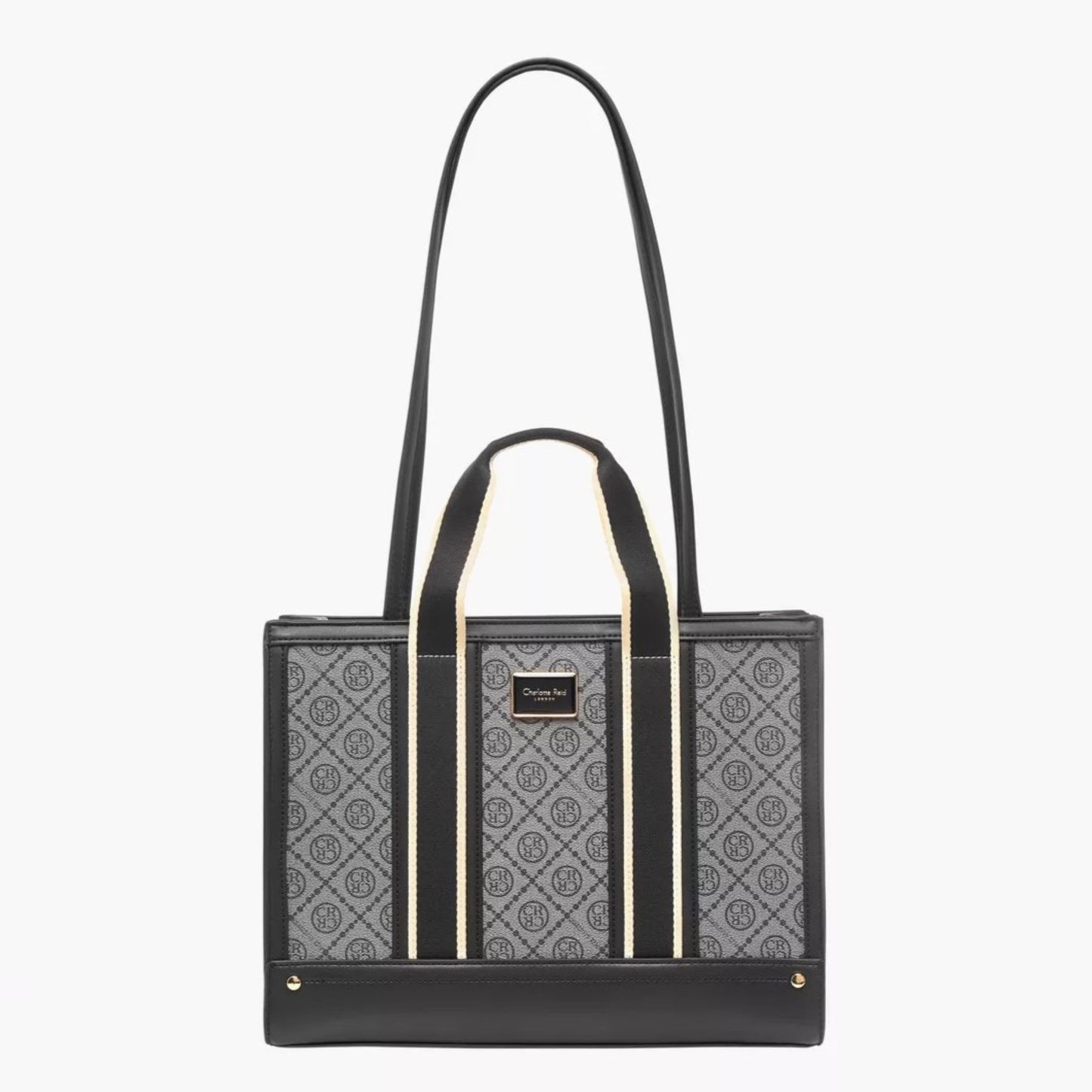 Black Monogram Textured Tote Bag with Zip Closure and Strap