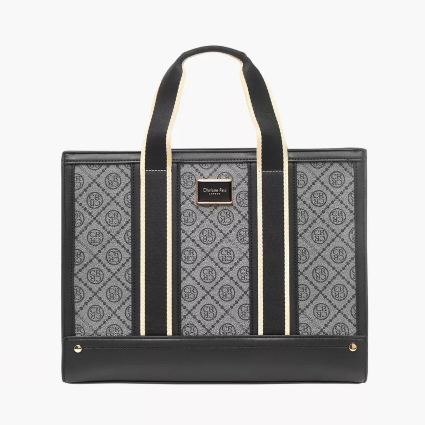 Black Monogram Textured Tote Bag with Zip Closure and Strap