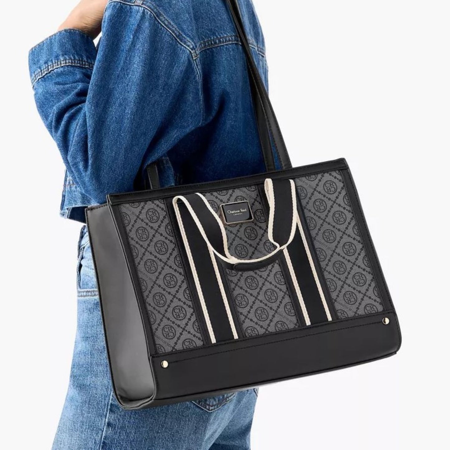 Black Monogram Textured Tote Bag with Zip Closure and Strap