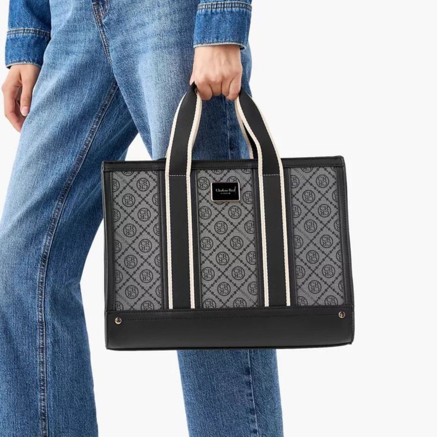Black Monogram Textured Tote Bag with Zip Closure and Strap