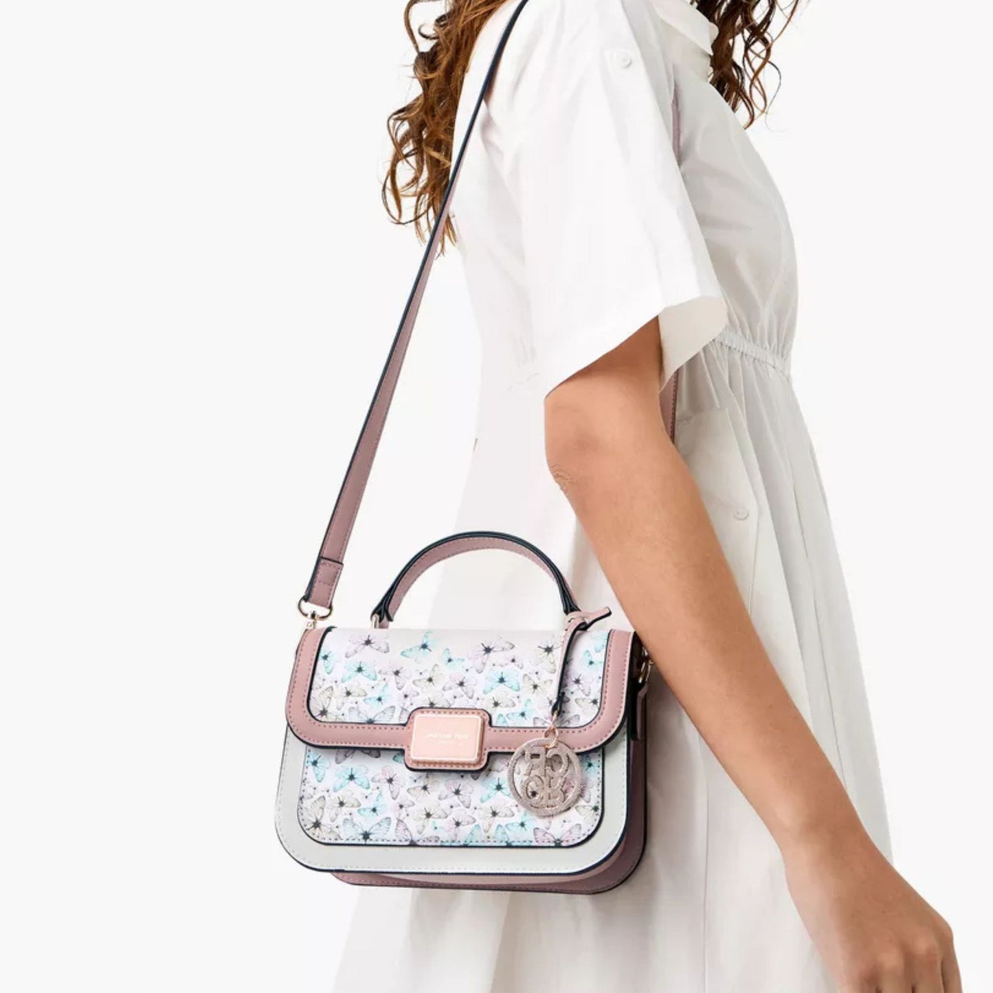 Pastel Butterfly Print Satchel Bag with Flap Closure